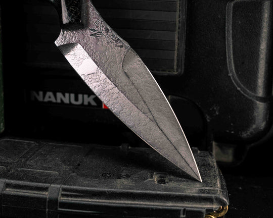 4" HUMINT- Black Burlap Micarta, Black G10, Aluminum and OD Green G10 Split, Mosaic Pins, Aluminum Lanyard Pin, Textured Grip