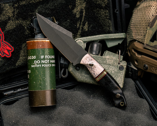 Widow Maker JR- CO Elk Antler, Black G10, Red G10 and Brass Split, African Blackwood, Mosaic Pins, Brass Lanyard Pin, Textured Grip