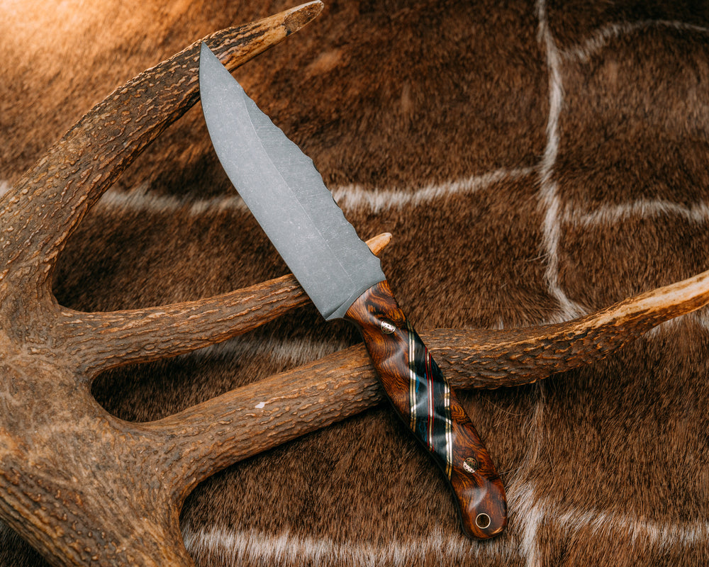 Crow Scout- Desert Ironwood, Black G10, Cherry G10 and Brass Pin Striping, Blue Dark Matter Carbon Split, Mosaic Pins, Brass Lanyard Pin, Textured Grip