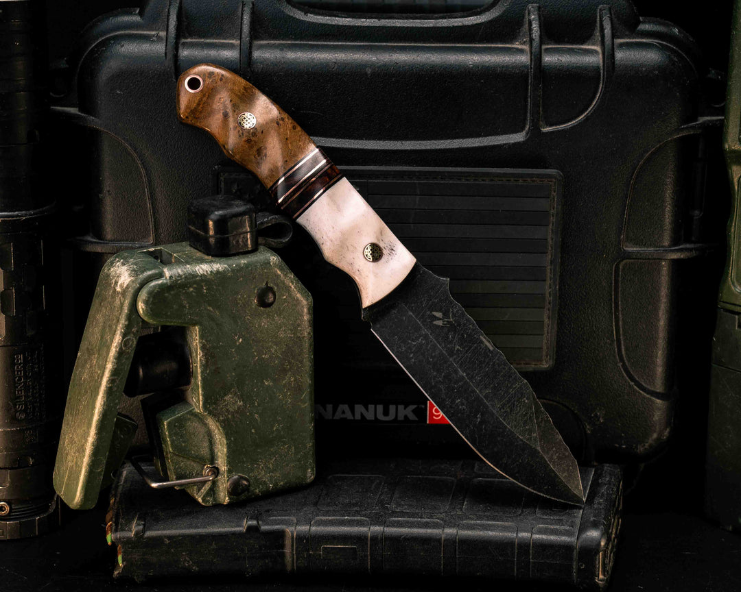 Disaster Jr- Elk Antler, Black G10 and Copper Pin Striping, Desert Ironwood Split, Teak, Mosaic Pins, Copper Lanyard Pin, Textured Grip