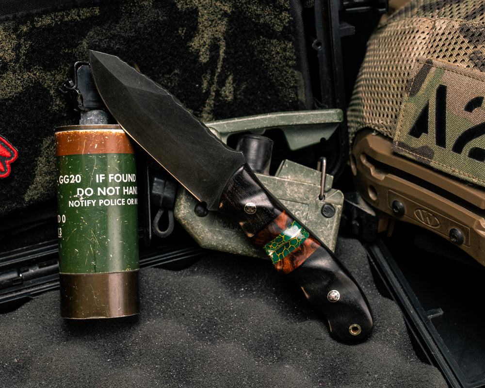 Disaster Jr- African Blackwood, Desert Ironwood, Arizona Jade Tru-stone and Brass Split, Mosaic Pins, Brass Lanyard Pin, Textured Grip