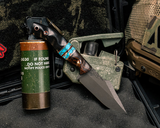 Widow Maker JR- Desert Ironwood, Black G10 and Copper Pin Striping, Turquoise with Copper Web Tru-stone Split, African Blackwood, Mosaic Pins, Copper Lanyard Pin, Textured Grip