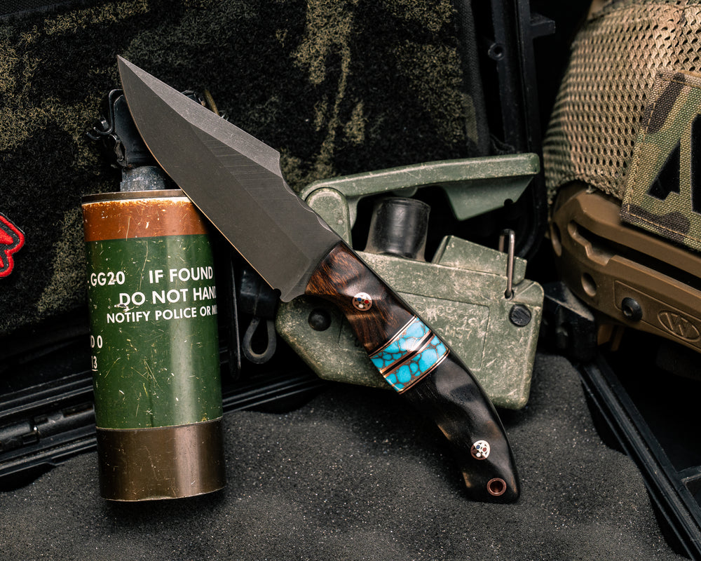 Widow Maker JR- Desert Ironwood, Black G10 and Copper Pin Striping, Turquoise with Copper Web Tru-stone Split, African Blackwood, Mosaic Pins, Copper Lanyard Pin, Textured Grip