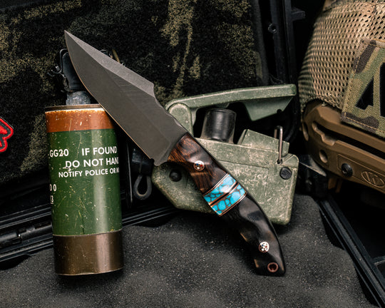 Widow Maker JR- Desert Ironwood, Black G10 and Copper Pin Striping, Turquoise with Copper Web Tru-stone Split, African Blackwood, Mosaic Pins, Copper Lanyard Pin, Textured Grip