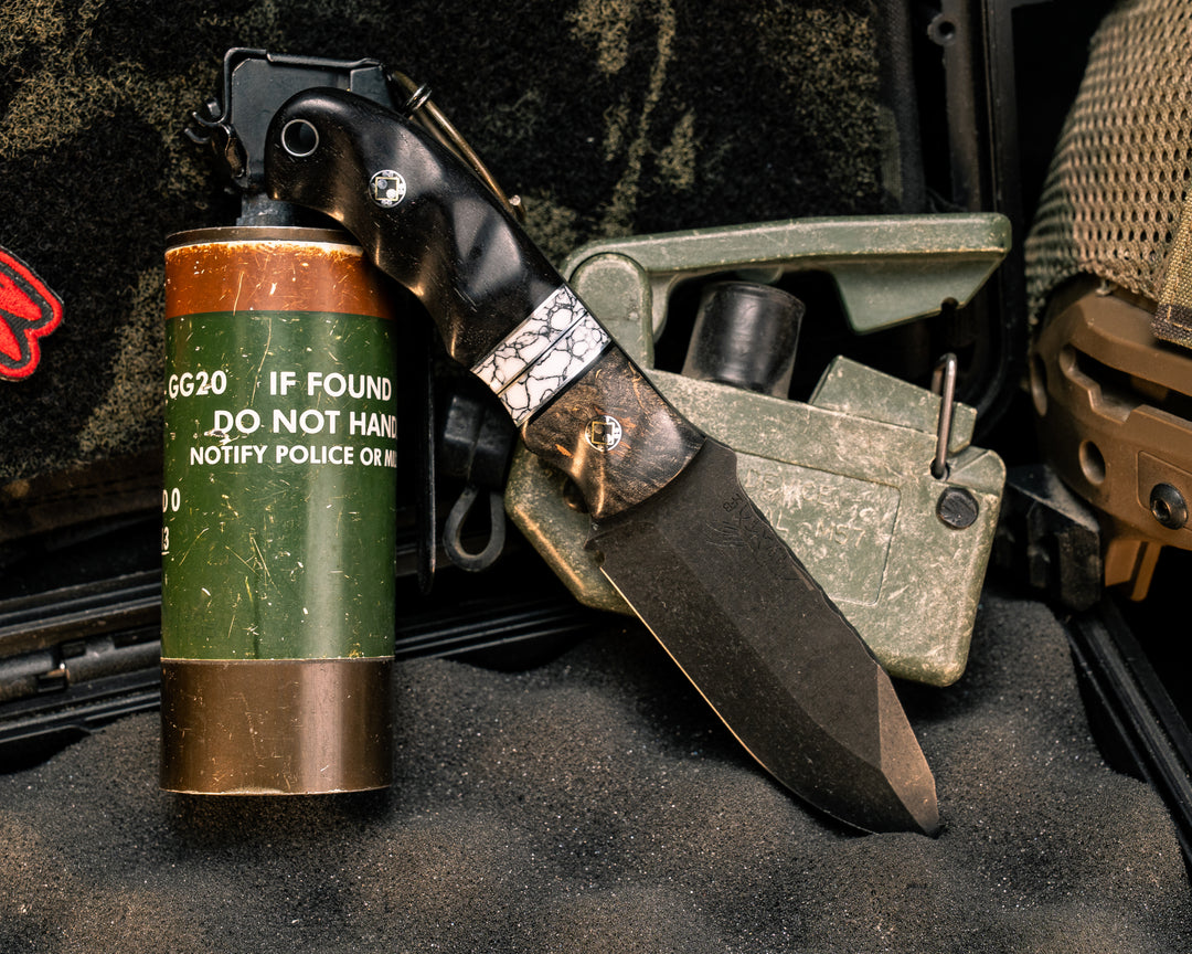 Disaster Cub- Dyed Maple, Black G10 and Aluminum Pin Striping, White with Black Web Tru-stone Split, African Blackwood, Mosaic Pins, Aluminum Lanyard Pin, Textured Grip