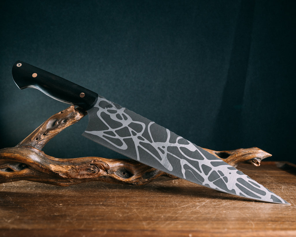 Large Chef Blade- African Blackwood, Copper Pins, Mosaic Hollow Pin, Smooth Grip