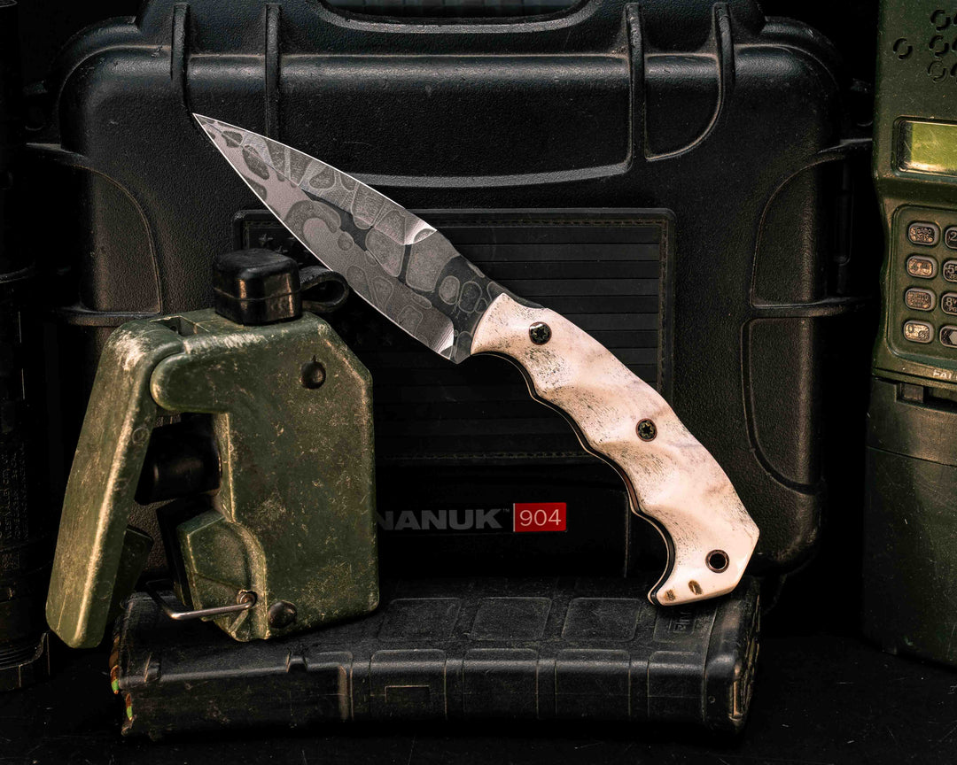 4" HUMINT- Elk Antler, Mosaic Pins, Copper Lanyard Pin, Textured Grip