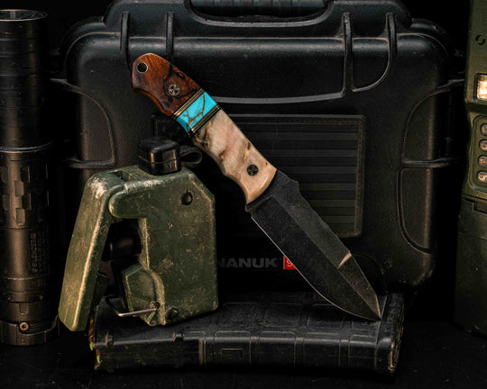 Disaster Jr Gen 3- Ram's Horn, Black G10 and Brass Pin Striping, Turquoise with Gold Web Tru-stone Split, Desert Ironwood, Mosaic Pins, Brass Lanyard Pin, Smooth Grip