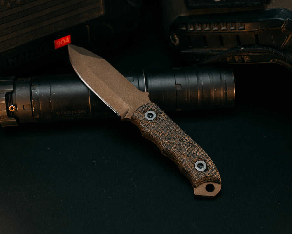 Disaster Cub - Black Burlap Micarta, Midnight Bronze Cerakote, Allen Bolts, Iron Grip