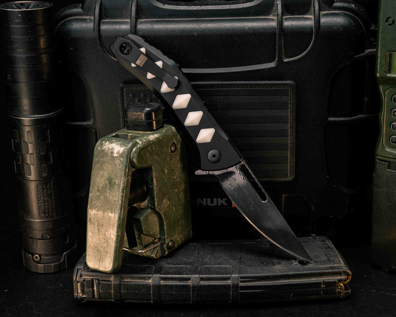 Custom Kwaiken Folder - Vegas Forge Herringbone Damascus- Resin UV Glow Inlay, Anodized Black Handle, Textured Grip, Deep Carry Pocket Clip
