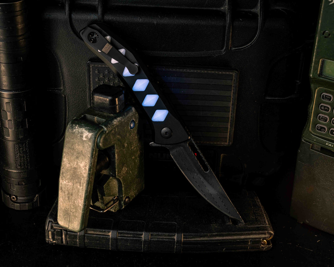 Custom Kwaiken Folder - Vegas Forge Herringbone Damascus- Resin UV Glow Inlay, Anodized Black Handle, Textured Grip, Deep Carry Pocket Clip