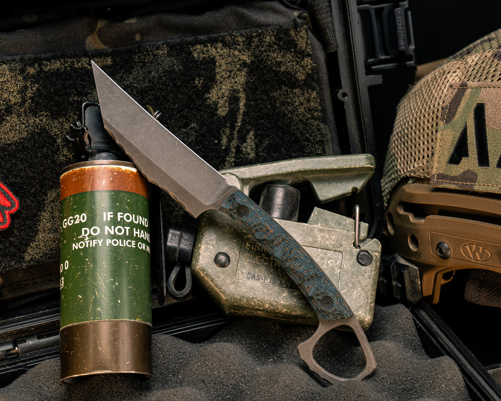 SOPHS- Kamari Burlap Micarta, CF Pins, Textured Grip