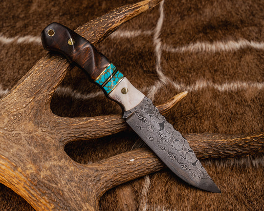 Breacher Scout- Baker Forge Raindrop Damascus- Black G10 and Brass Pin Striping, Turquoise with Gold Web Tru-stone Split, Hawaiian Curly Koa, Mosaic Pins, Brass Lanyard Pin, Textured Grip