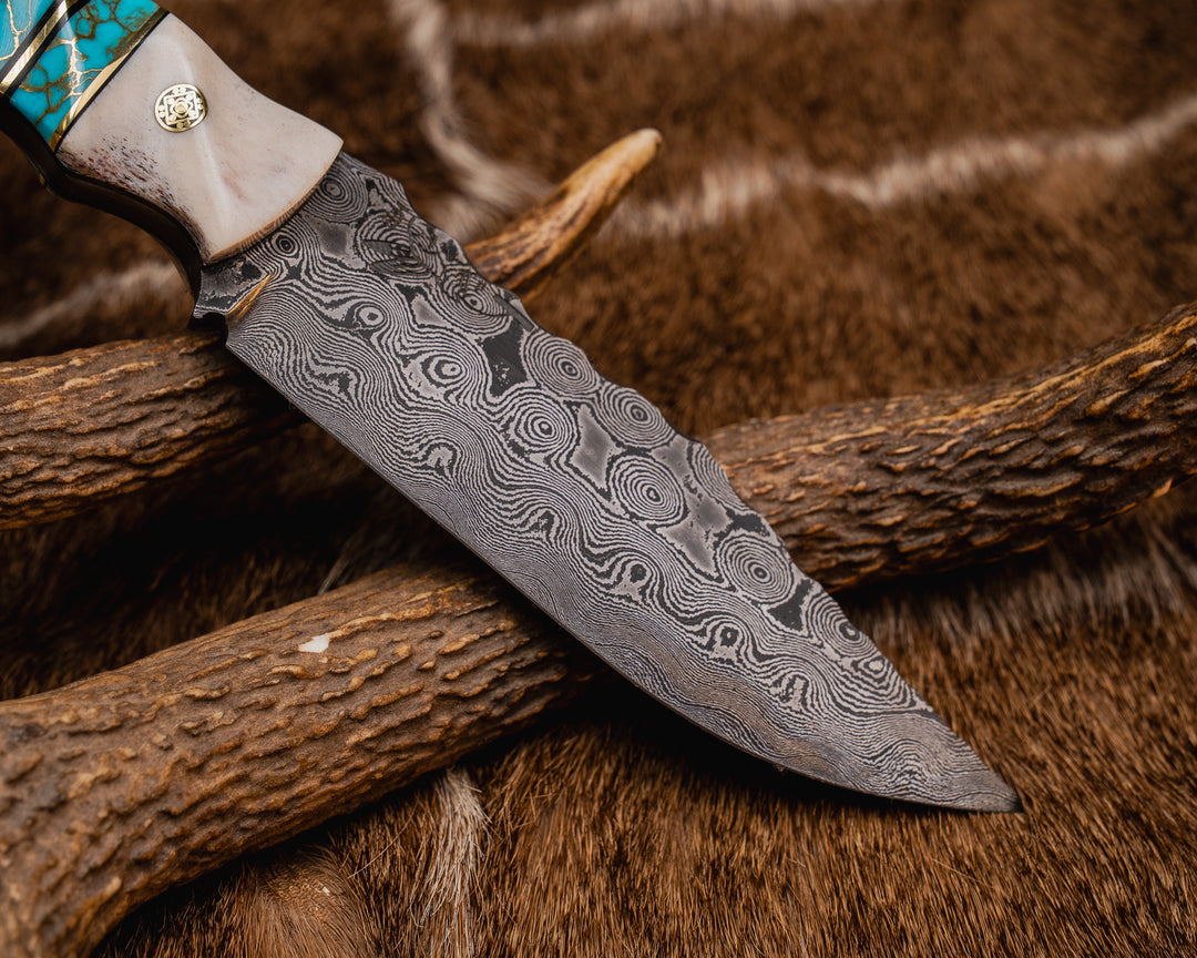 Breacher Scout- Baker Forge Raindrop Damascus- Black G10 and Brass Pin Striping, Turquoise with Gold Web Tru-stone Split, Hawaiian Curly Koa, Mosaic Pins, Brass Lanyard Pin, Textured Grip