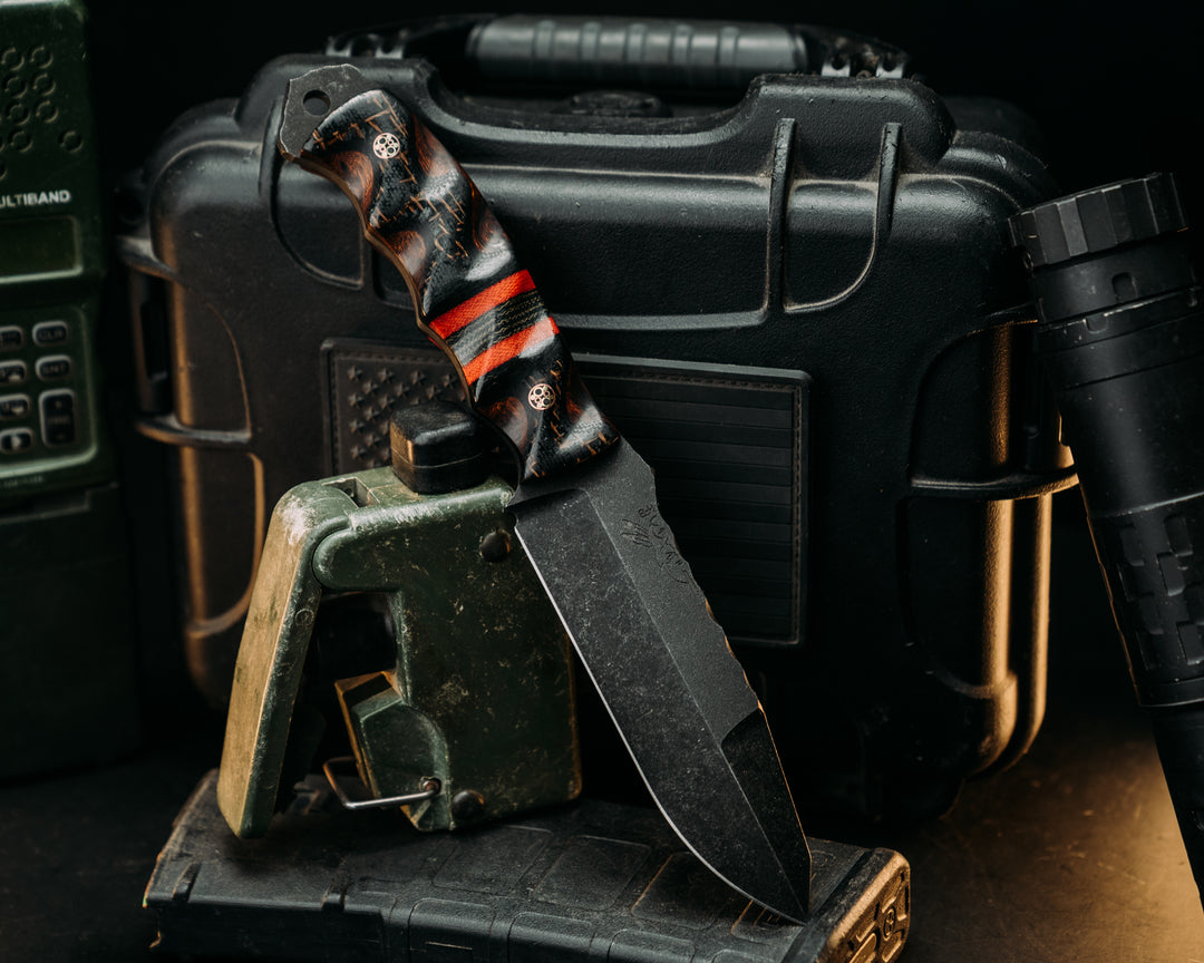 Disaster Breacher Gen 3- Black Burlap Micarta Over Desert Ironwood, Black & Fire Canvas Micarta Splits, Mosaic Pins, Textured Grip.
