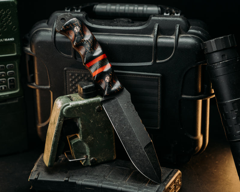 Disaster Breacher Gen 3- Black Burlap Micarta Over Desert Ironwood, Black & Fire Canvas Micarta Splits, Mosaic Pins, Textured Grip.