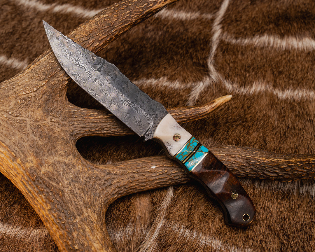 Breacher Scout- Baker Forge Raindrop Damascus- Black G10 and Brass Pin Striping, Turquoise with Gold Web Tru-stone Split, Hawaiian Curly Koa, Mosaic Pins, Brass Lanyard Pin, Textured Grip