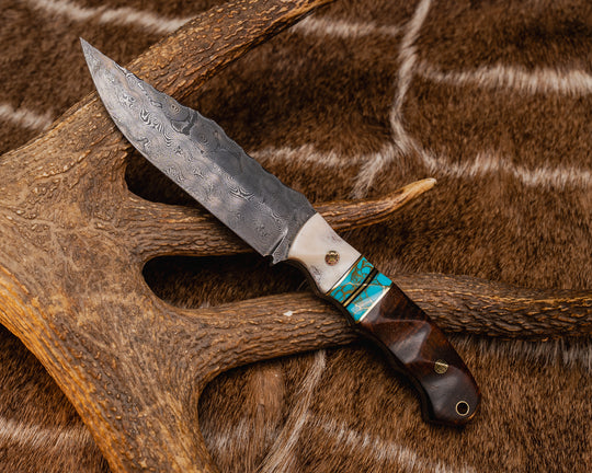 Breacher Scout- Baker Forge Raindrop Damascus- Black G10 and Brass Pin Striping, Turquoise with Gold Web Tru-stone Split, Hawaiian Curly Koa, Mosaic Pins, Brass Lanyard Pin, Textured Grip