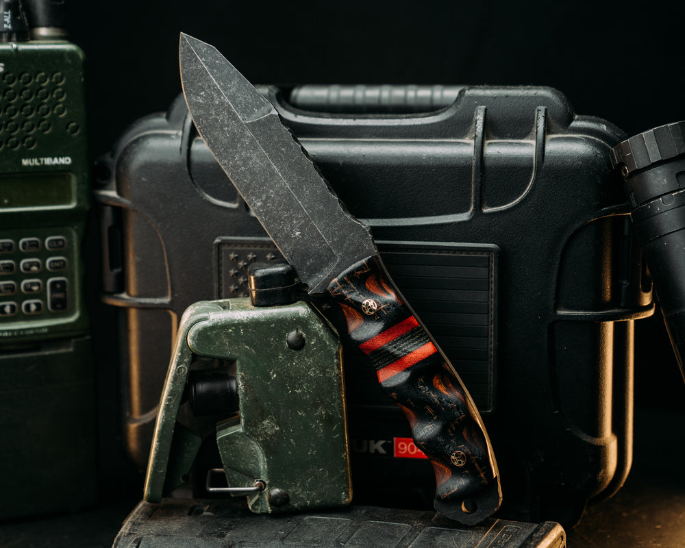 Disaster Breacher Gen 3- Black Burlap Micarta Over Desert Ironwood, Black & Fire Canvas Micarta Splits, Mosaic Pins, Textured Grip.