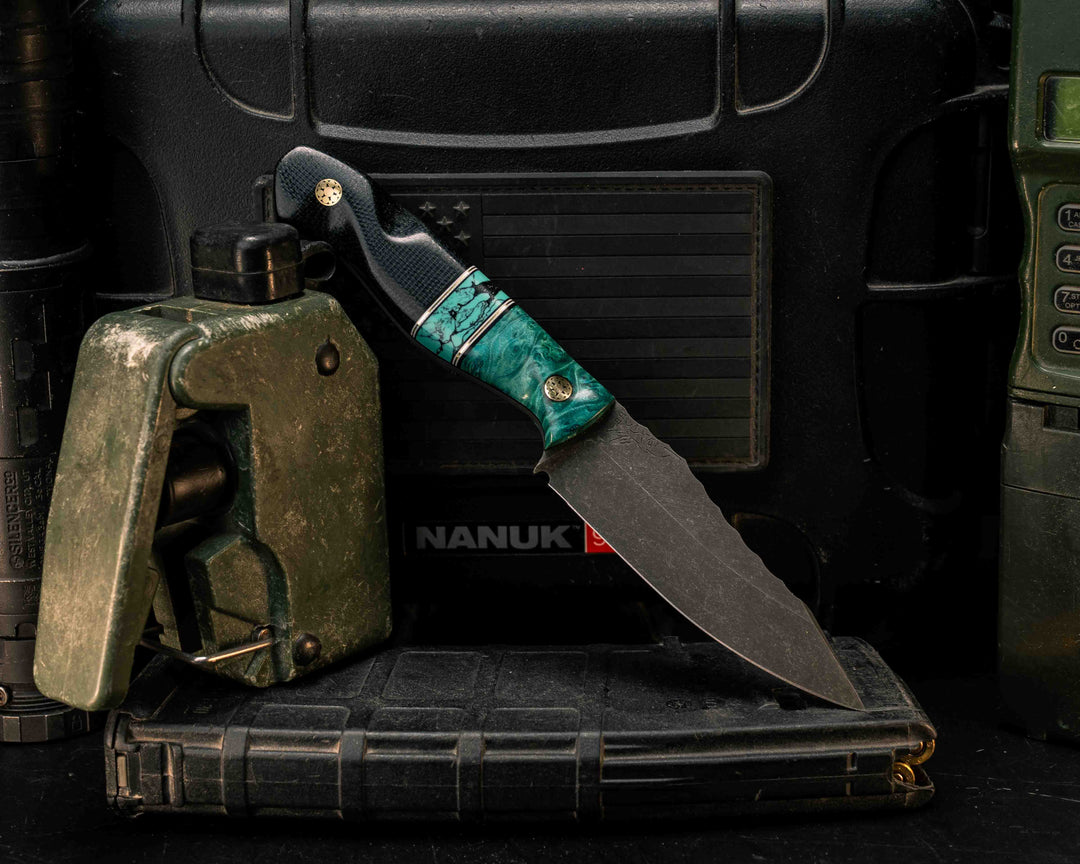 Field Knife Jr- Dyed Box Elder, Black G10, White G10 and Brass Pin Striping, Green Dragon Skin Tru-stone Split, Black Canvas Micarta, Mosaic Pins, Textured Grip