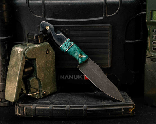 Field Knife Jr- Dyed Box Elder, Black G10, White G10 and Brass Pin Striping, Green Dragon Skin Tru-stone Split, Black Canvas Micarta, Mosaic Pins, Textured Grip