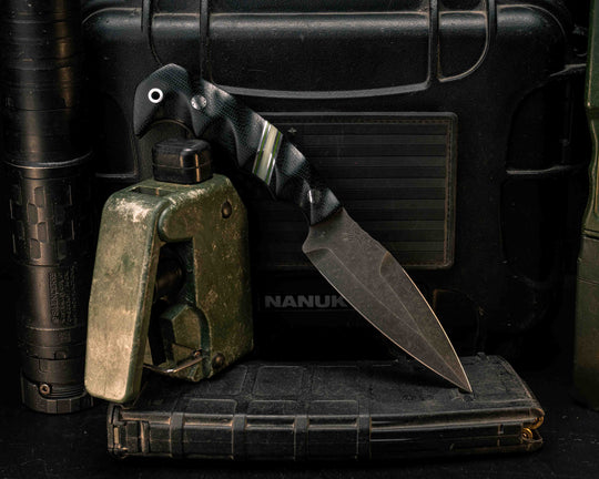 4" HUMINT- Black Canvas Micarta, Grey G10, Aluminum and Acid Green G10 Pin Striping, Glow Resin Split, Mosaic Pins, Aluminum Lanyard Pin, Textured Grip