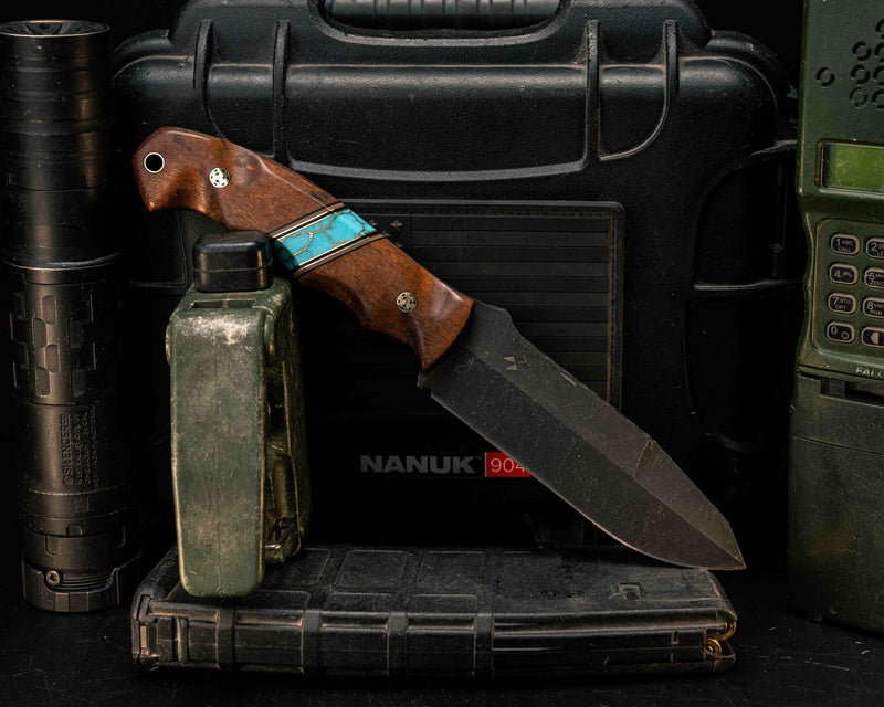 Disaster Breacher Gen 3- Hawaiian Curly Koa, Black G10, Coyote G10 and Brass Pin Striping, Turquoise with Gold Web Tru-stone Split, Mosaic Pins, Brass Lanayard Pin, Smooth Textured Grip