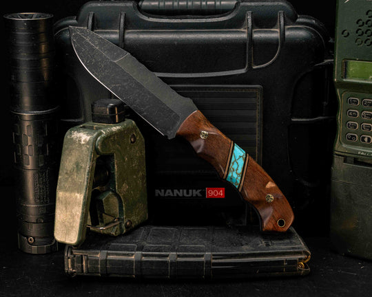 Disaster Breacher Gen 3- Hawaiian Curly Koa, Black G10, Coyote G10 and Brass Pin Striping, Turquoise with Gold Web Tru-stone Split, Mosaic Pins, Brass Lanayard Pin, Smooth Textured Grip