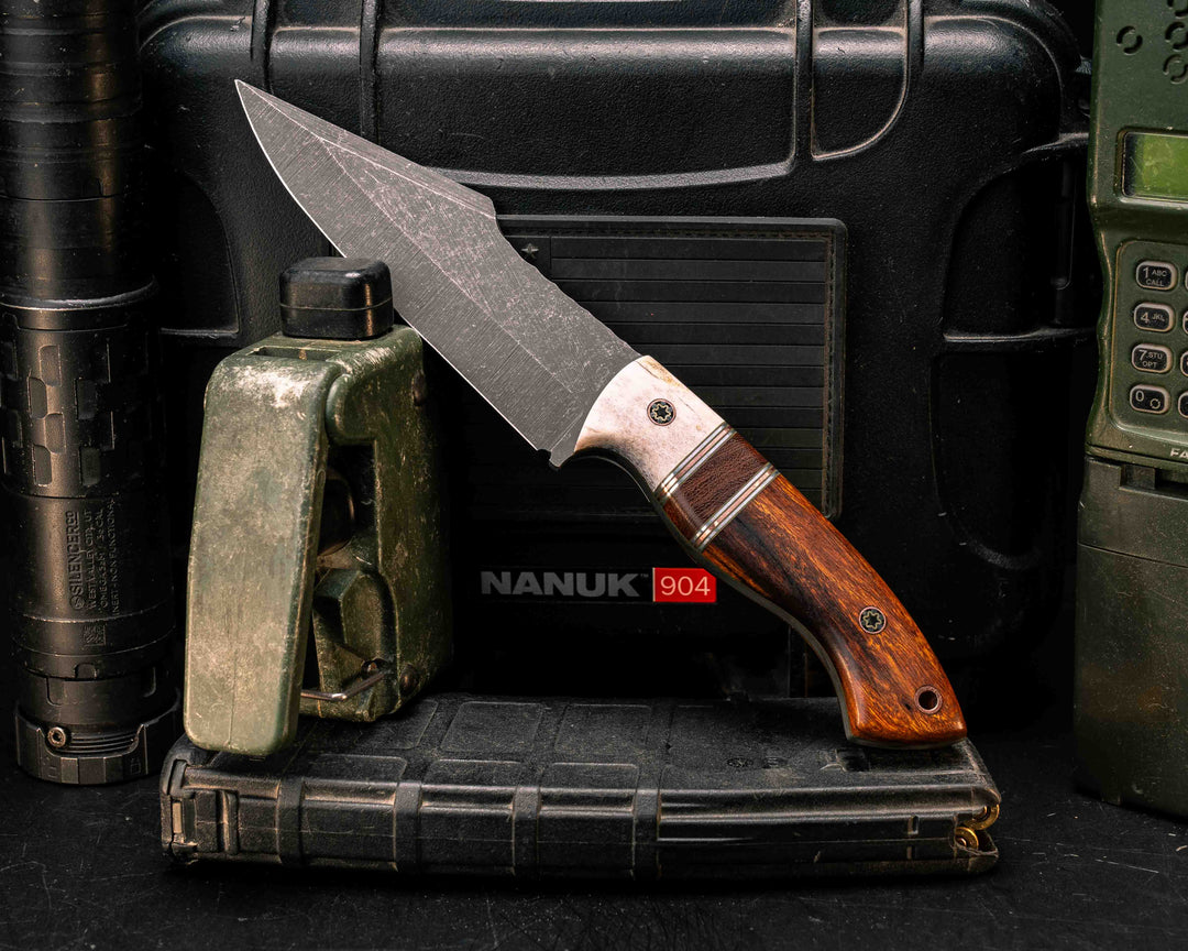 Widow Maker- Elk Antler, OD Green G10, Aluminum and Copper Pin Striping, Desert Ironwood, Mosaic Pins, Copper Lanyard Pin, Smooth Grip