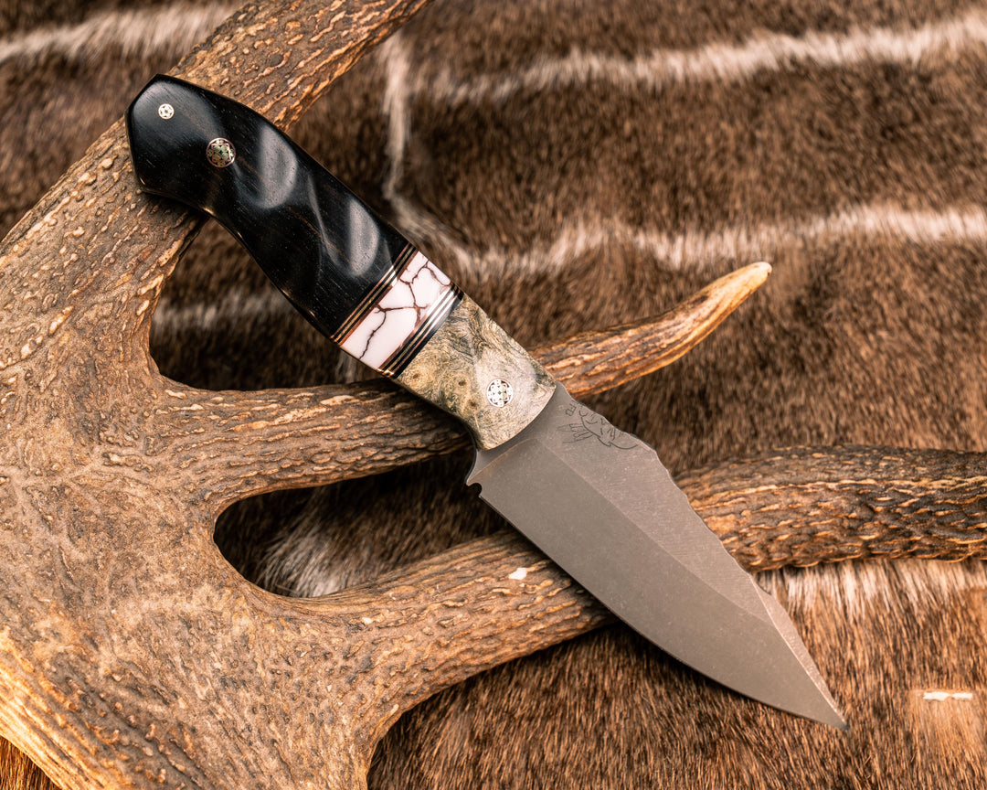 Field Knife- Buckeye, Black G10, Copper and Brass Pin Striping, White with Copper Matrix Tru-stone Split, African Blackwood, Mosaic Pins, Textured Grip