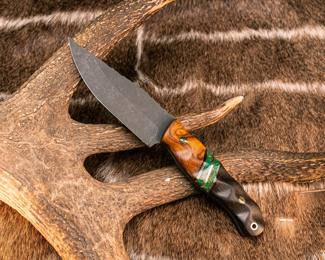 Crow Jr- Desert Ironwood, Black G10 and Brass Pin Striping, Arizona Jade Tru-stone Split, African Blackwood, Mosaic Pins, Brass Lanyard Pin, Textured Grip