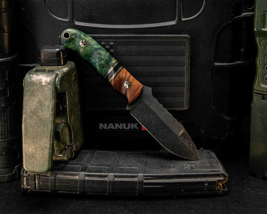Disaster Cub- Hawaiian Curly Koa, Black G10, Brass and Bison Horn Split, Dyed Maple, Mosaic Pins, Brass Lanyard Pin, Textured Grip