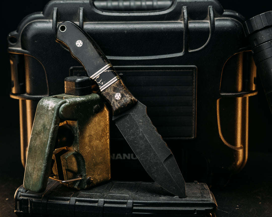 Disaster Jr Gen 3- black as Burl, Black G10 & Brass Pin String, Balck w/ Gold Web Tru Stone Split, Ram's Horn, Mosaic Pins, Smooth Grip