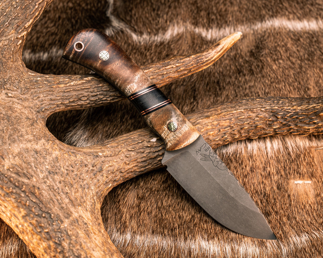 Cav Jr- Hawaiian Curly Koa, Black G10 and Copper Pin Striping, African Blackwood Split, Mosaic Pins, Copper Lanyard Pin, Textured Grip