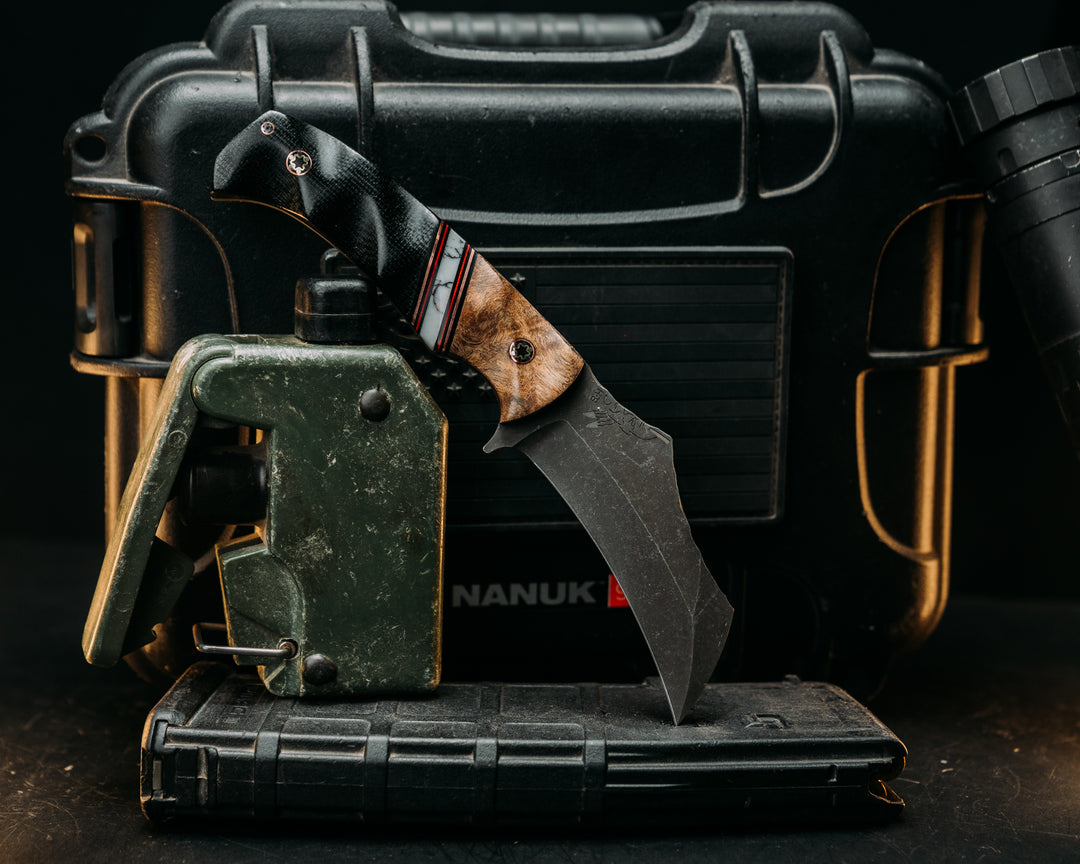 Vulture - Maple, Black & Red G10 w/ Copper Pin Striping, White w/ Black Web Tru Stone Split, Black Canvas Micarta, Mosaic Pins, Textured Grip.