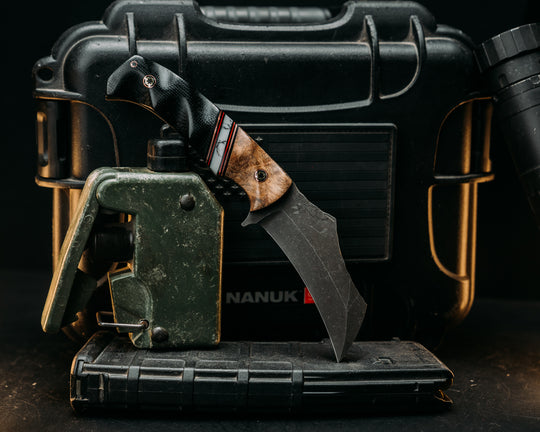 Vulture - Maple, Black & Red G10 w/ Copper Pin Striping, White w/ Black Web Tru Stone Split, Black Canvas Micarta, Mosaic Pins, Textured Grip.