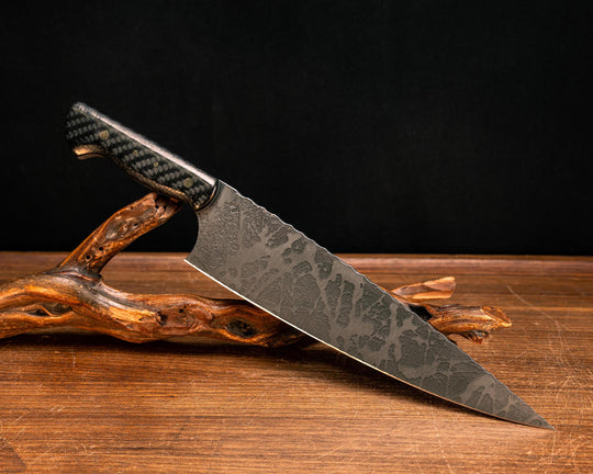 10" Chef Blade- Carbon Over Black and White G10, Mosaic Pins, Smooth Grip