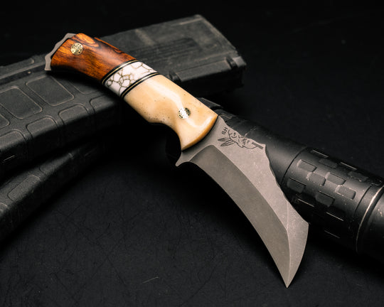 Vulture- Giraffe Bone, Black G10 and Brass Pin Striping, White with Gold Web Tru-stone Split, Desert Ironwood, Mosaic Pins, Contoured Grip