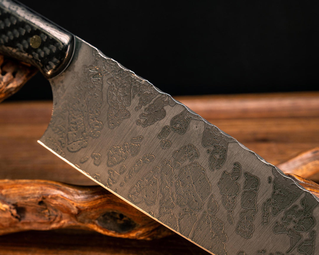 10" Chef Blade- Carbon Over Black and White G10, Mosaic Pins, Smooth Grip