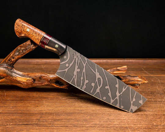 Nakiri- African Blackwood, Black G10, Cherry G10 and Brass Pin Striping, Bloody Basin Tru-stone Split, Afzelia Burl, Mosaic Pins, Smooth Grip