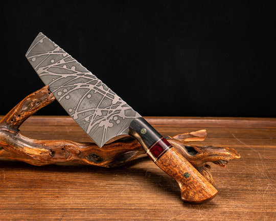 Nakiri- African Blackwood, Black G10, Cherry G10 and Brass Pin Striping, Bloody Basin Tru-stone Split, Afzelia Burl, Mosaic Pins, Smooth Grip