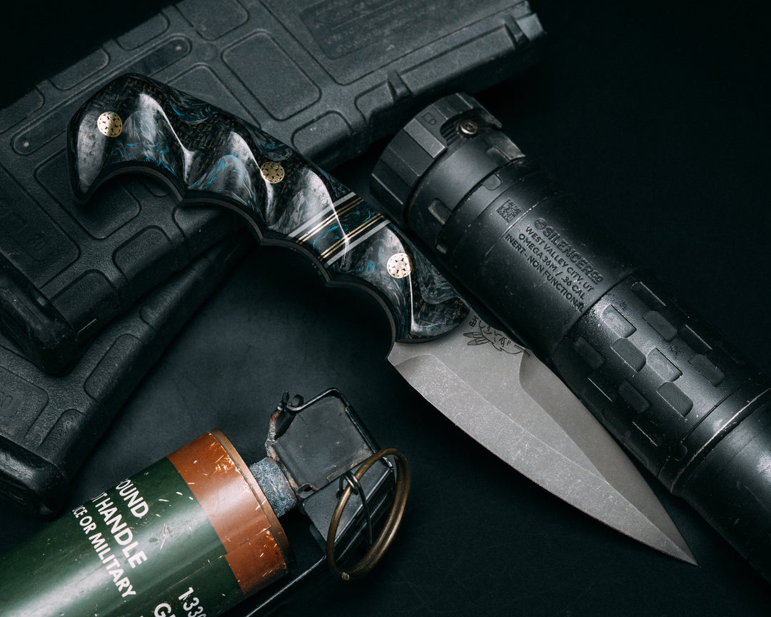 4" HUMINT- Brown Burlap Micarta Over Blue Dark Matter Carbon, Black G10, Charcoal G10, Brass and Blue Dark Matter Carbon Split, Mosaic Pins, Textured Grip