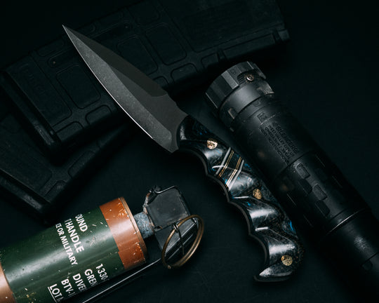 4" HUMINT- Brown Burlap Micarta Over Blue Dark Matter Carbon, Black G10, Charcoal G10, Brass and Blue Dark Matter Carbon Split, Mosaic Pins, Textured Grip