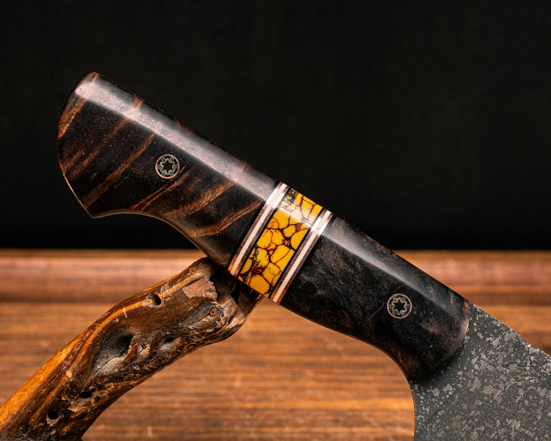 Chef Set- Redwood, Black G10, Copper, and White G10 Pin Striping, Yellow Dino Bone Tru-stone Split, Hawaiian Curly Koa, Mosaic Pins, Smooth Grip