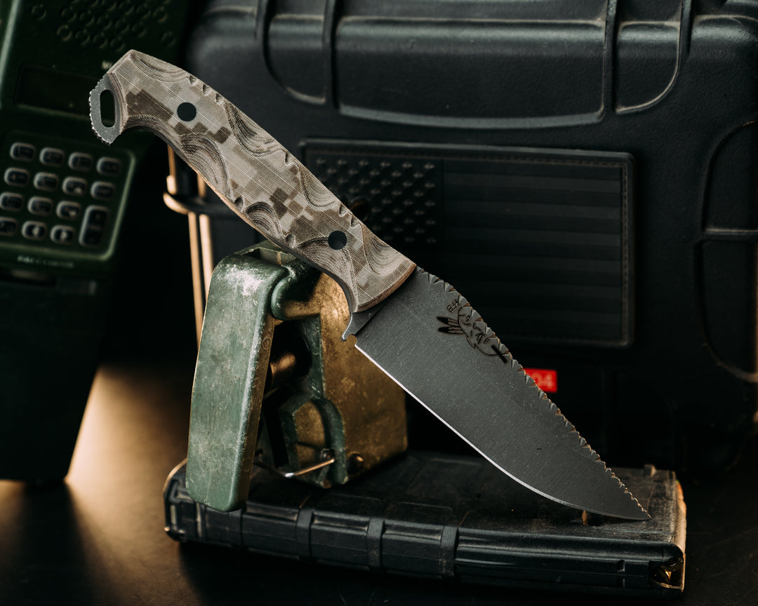 Full Term- Navy S.E.A.L. AOR1 Cammie Micarta, CF Pins, Textured Grip