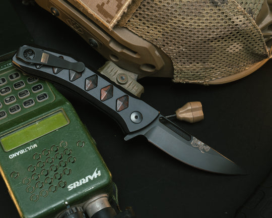 Custom Kwaiken Folder - Desert Ironwood Inlay, Anodized Black Handle, Black Nitride Blade, Textured Grip, Deep Carry Pocket Clip