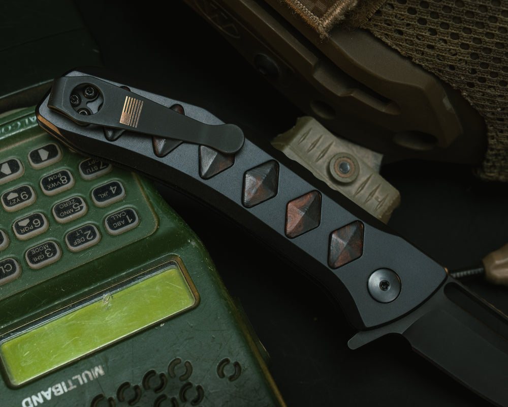 Custom Kwaiken Folder - Desert Ironwood Inlay, Anodized Black Handle, Black Nitride Blade, Textured Grip, Deep Carry Pocket Clip