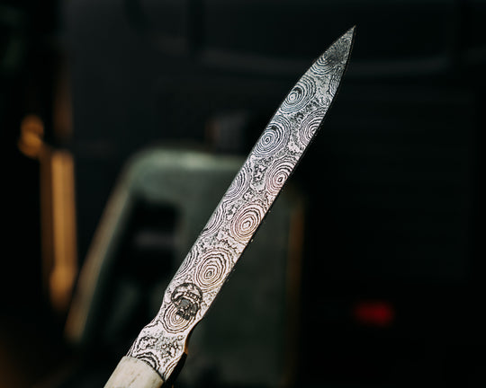 OSS Spike- Baker Forge Raindrop Damascus- Giraffe Bone, Mosaic Pins, Smooth Angled Grip