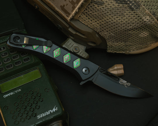Custom Kwaiken Folder - Arora Camo Quartz Inlay, Anodized Black Handle, Black Nitride Blade, Textured Grip, Deep Carry Pocket Clip