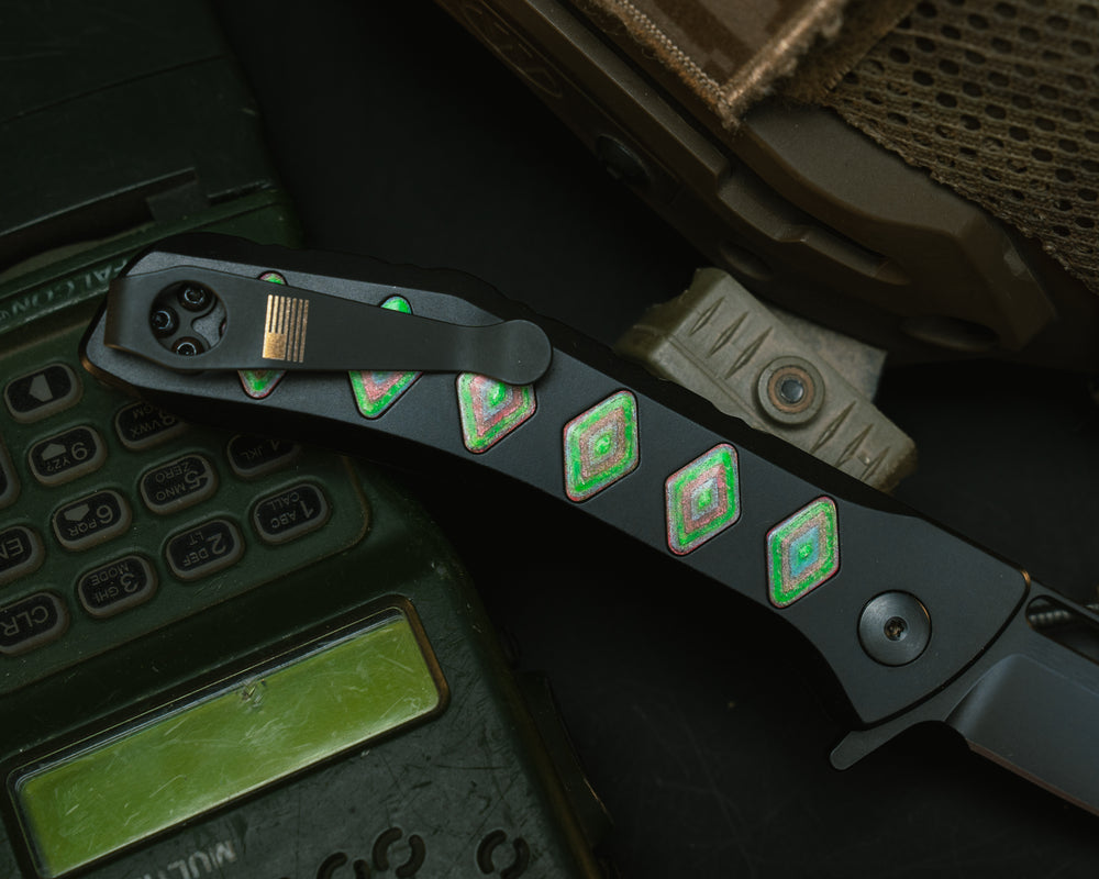 Custom Kwaiken Folder - Arora Camo Quartz Inlay, Anodized Black Handle, Black Nitride Blade, Textured Grip, Deep Carry Pocket Clip
